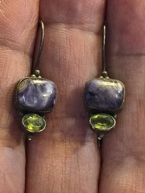Vintage Native American Sterling Silver Charoite & Peridot Drop Earrings Signed